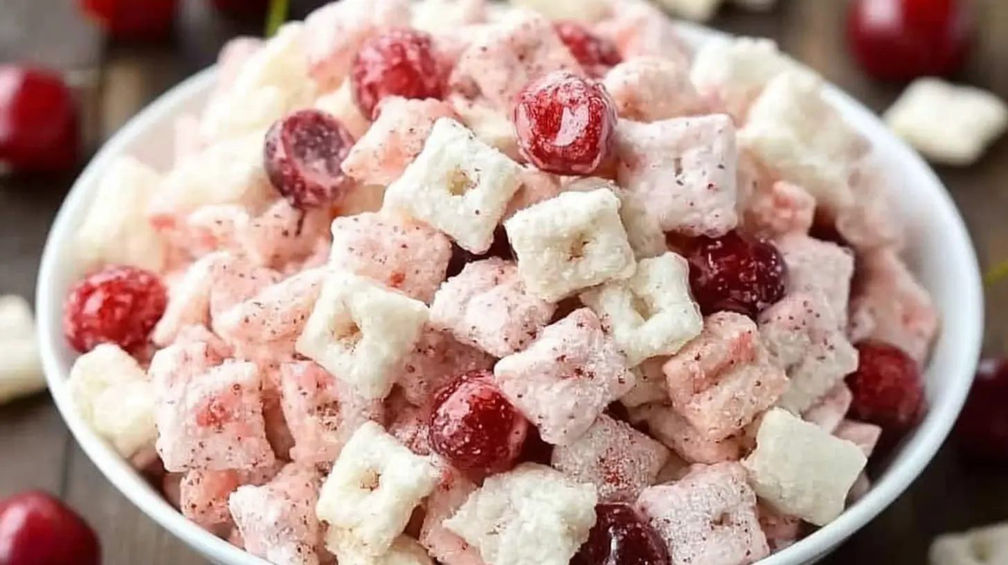 Sweet cherry cheesecake puppy chow with a powdered sugar coating.