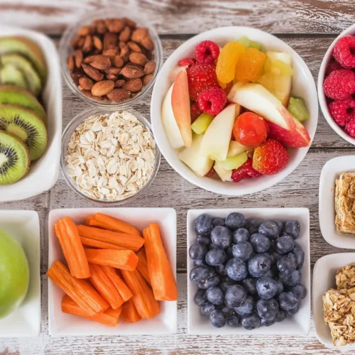 An assortment of healthy snacks artfully arranged on a platter