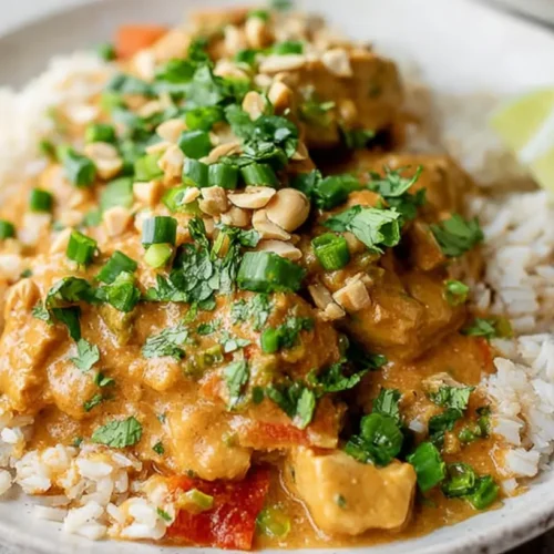 A plate of Thai Peanut Chicken with a rich sauce