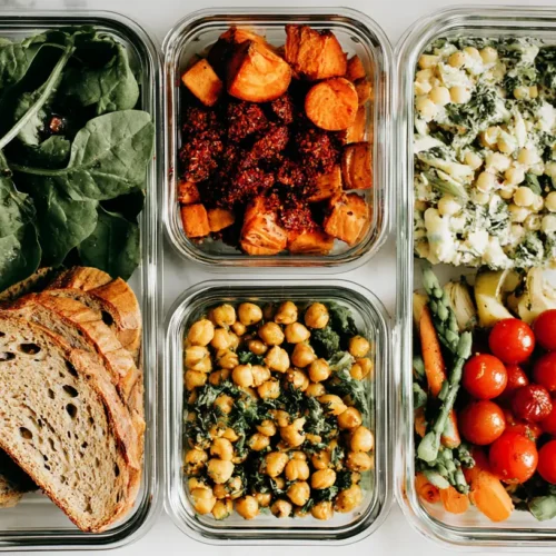 A variety of colorful containers showcasing organized vegan meal prep dishes