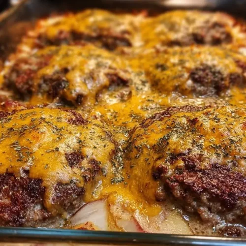 A baked dish of Amish hamburger steak with gravy