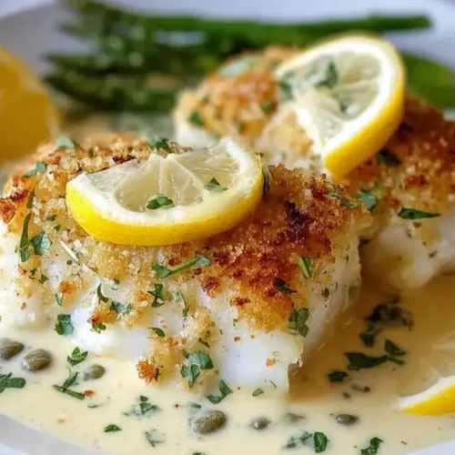 Baked cod in coconut lemon cream sauce served in a baking dish