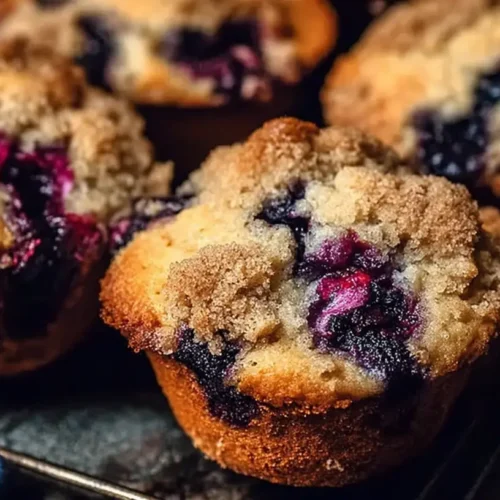 A close-up of a bakery style blueberry muffin with a golden-brown top