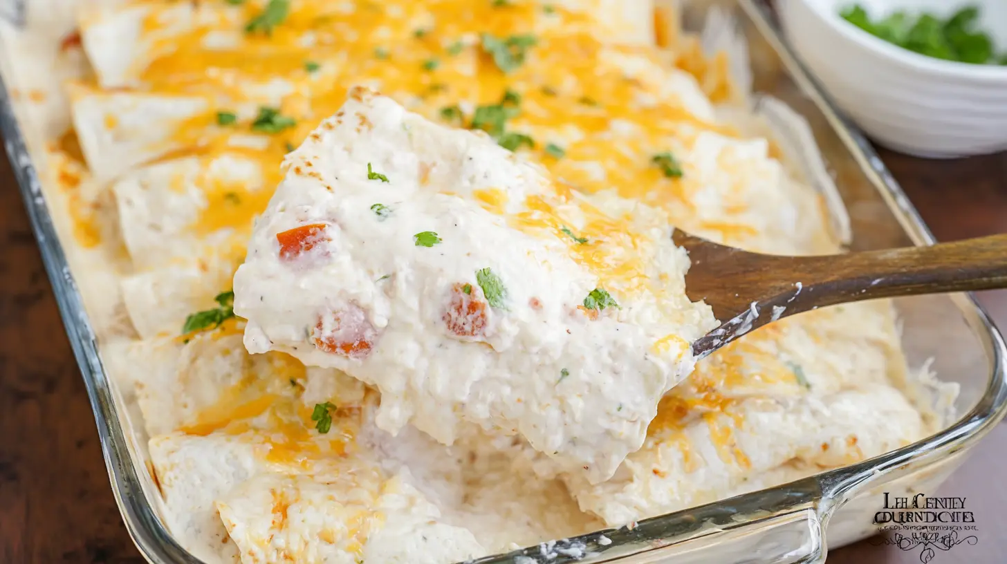Close-up of golden-brown creamy white chicken enchiladas, bubbling from the oven, garnished with herbs.
