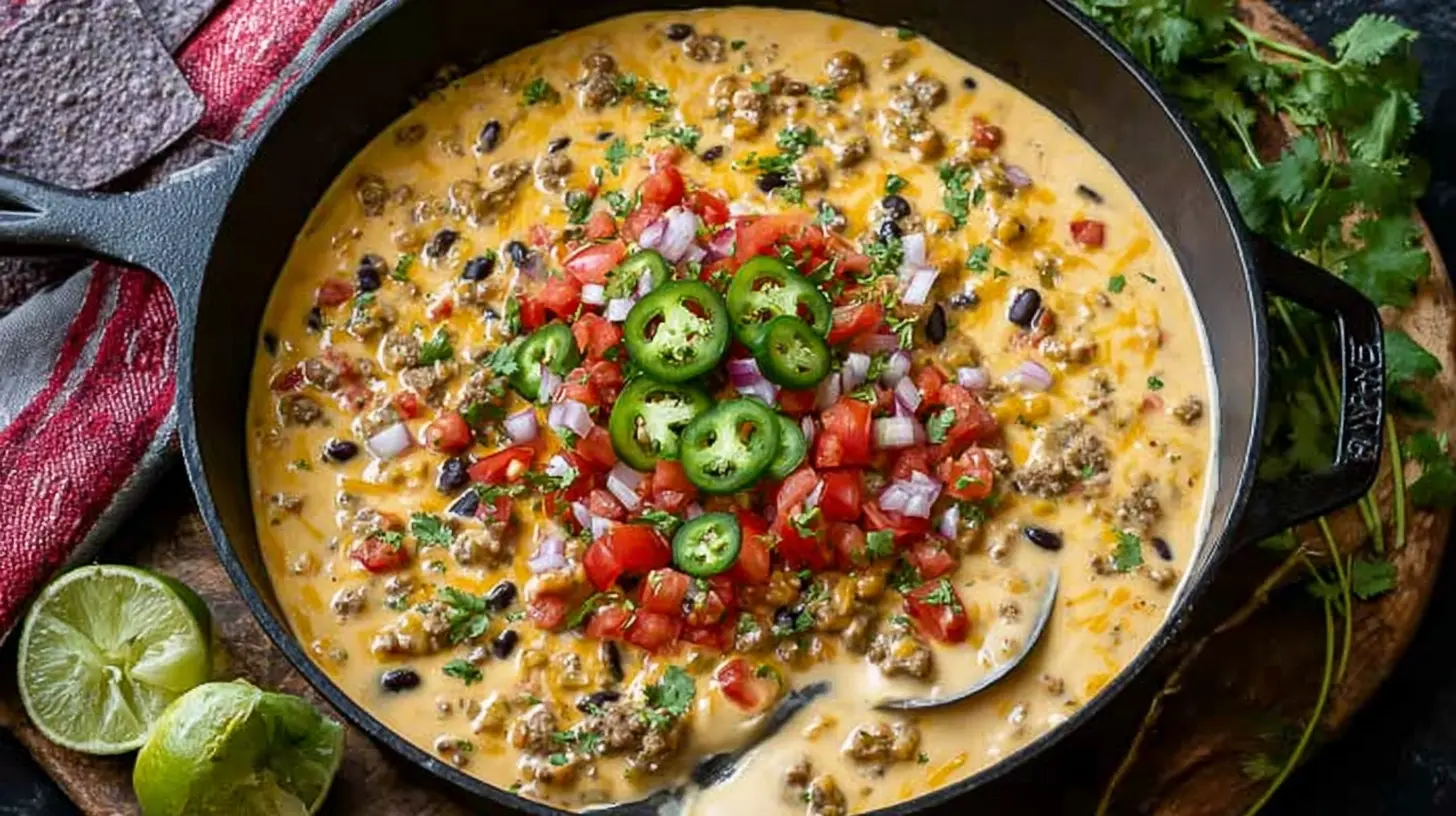 Close-up of a rich, cheesy Cowboy Queso recipe, perfect for a crowd.