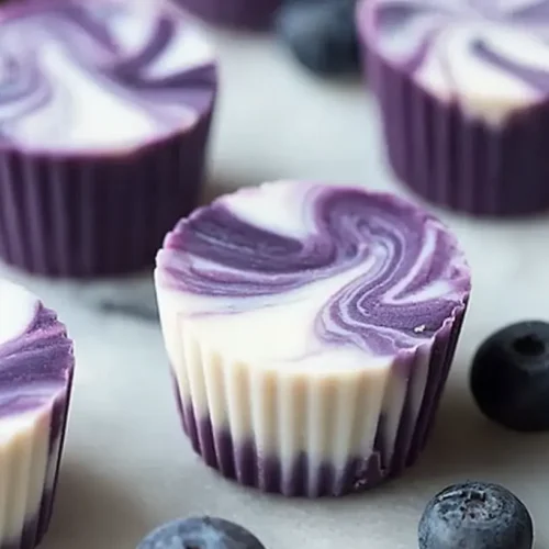 Close-up of frozen blueberry swirl yogurt bites arranged on a white plate