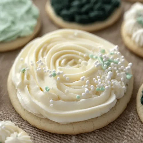 Smooth white buttercream frosting for sugar cookies in a piping bag