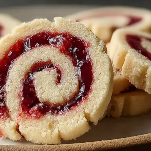 Buttery raspberry swirl shortbread cookies arranged on a cooling rack.