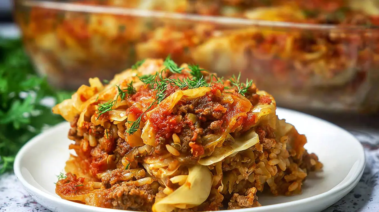 Close-up of a bubbling stuffed cabbage roll casserole with tomato sauce on top