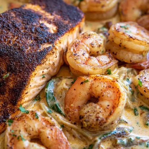 A serving of Cajun shrimp and salmon with a rich garlic cream sauce.