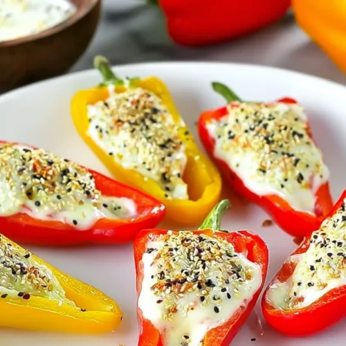 Mini peppers stuffed with cheese and everything bagel seasoning