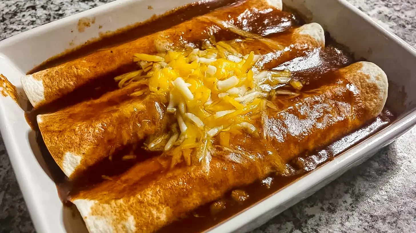 Delicious ground beef enchiladas baked to perfection with a rich red sauce.