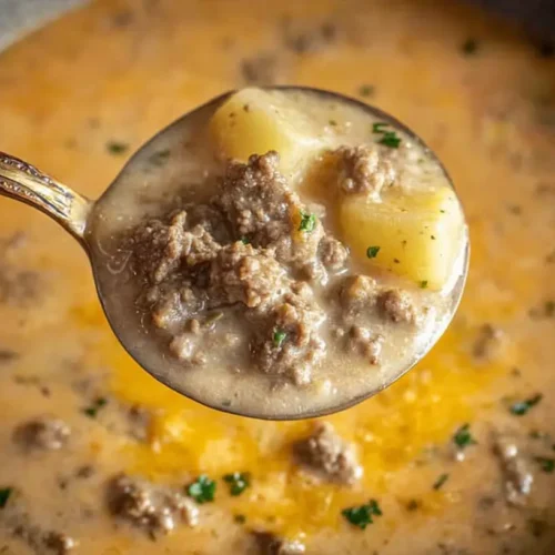 A steaming bowl of cheesy beef and potato soup garnished with fresh herbs