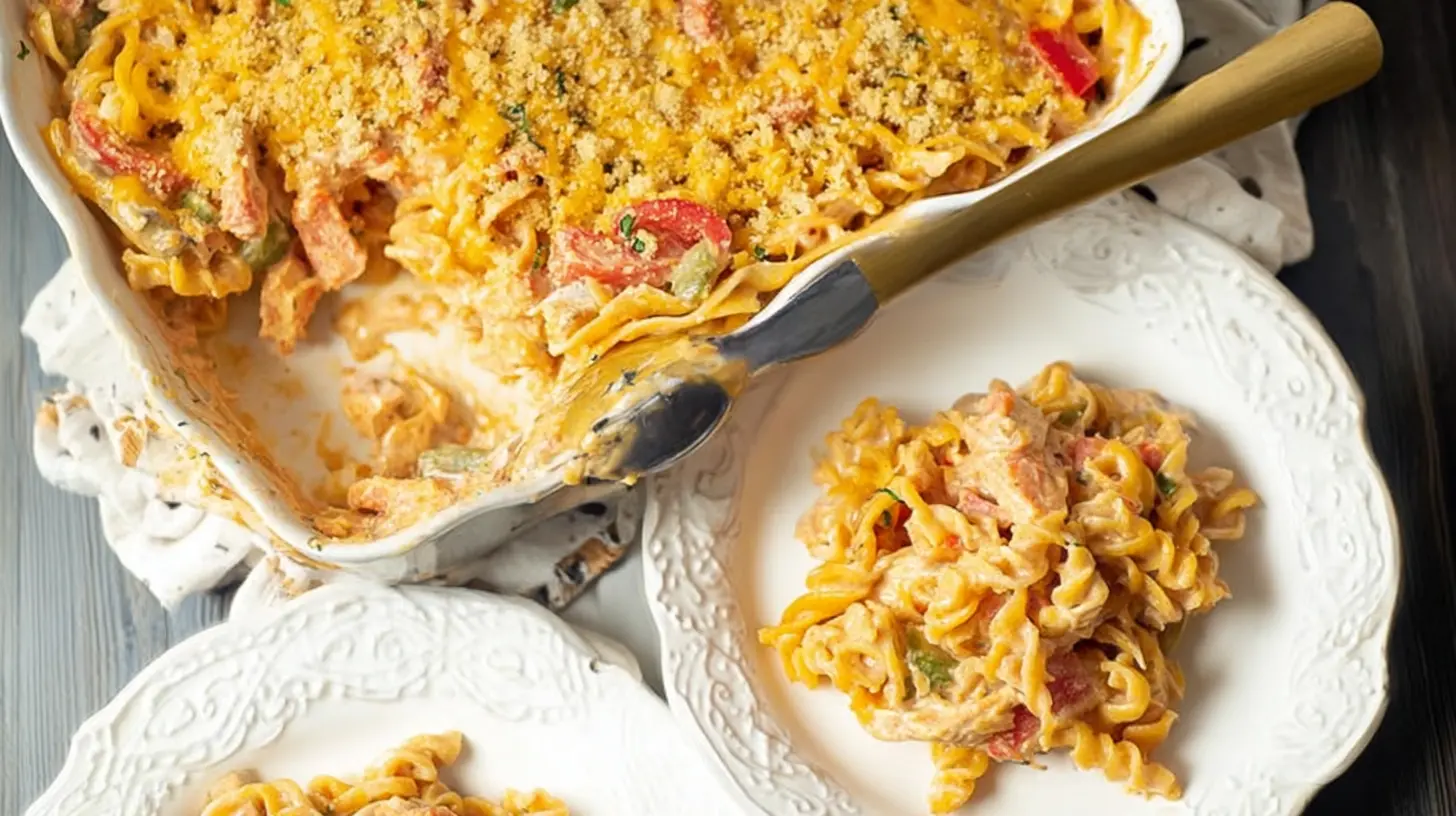 Warm dish of Rotel chicken pasta topped with shredded cheese
