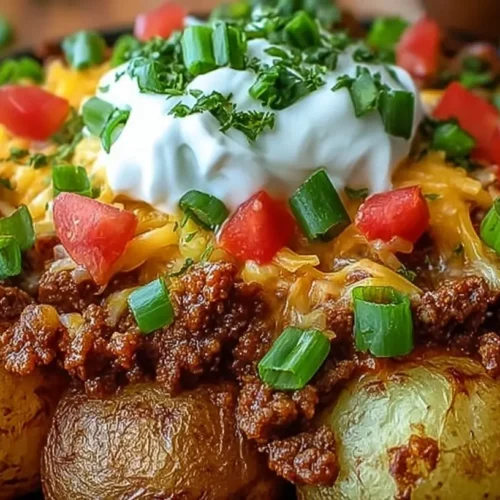 A serving of cheesy taco potatoes with melted cheese and fresh toppings.