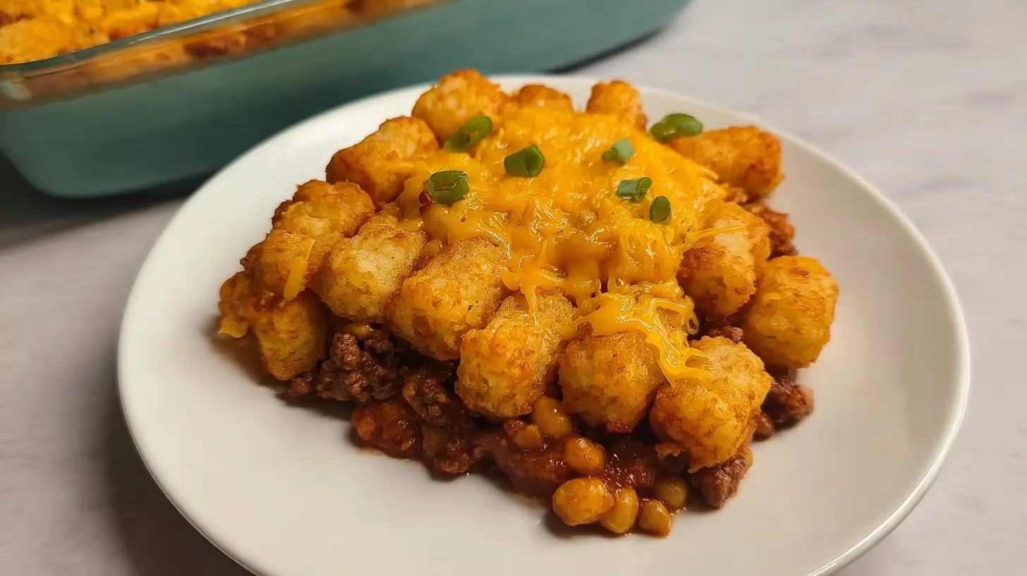 Close-up of a cheesy tater tot casserole with chili, freshly cooked