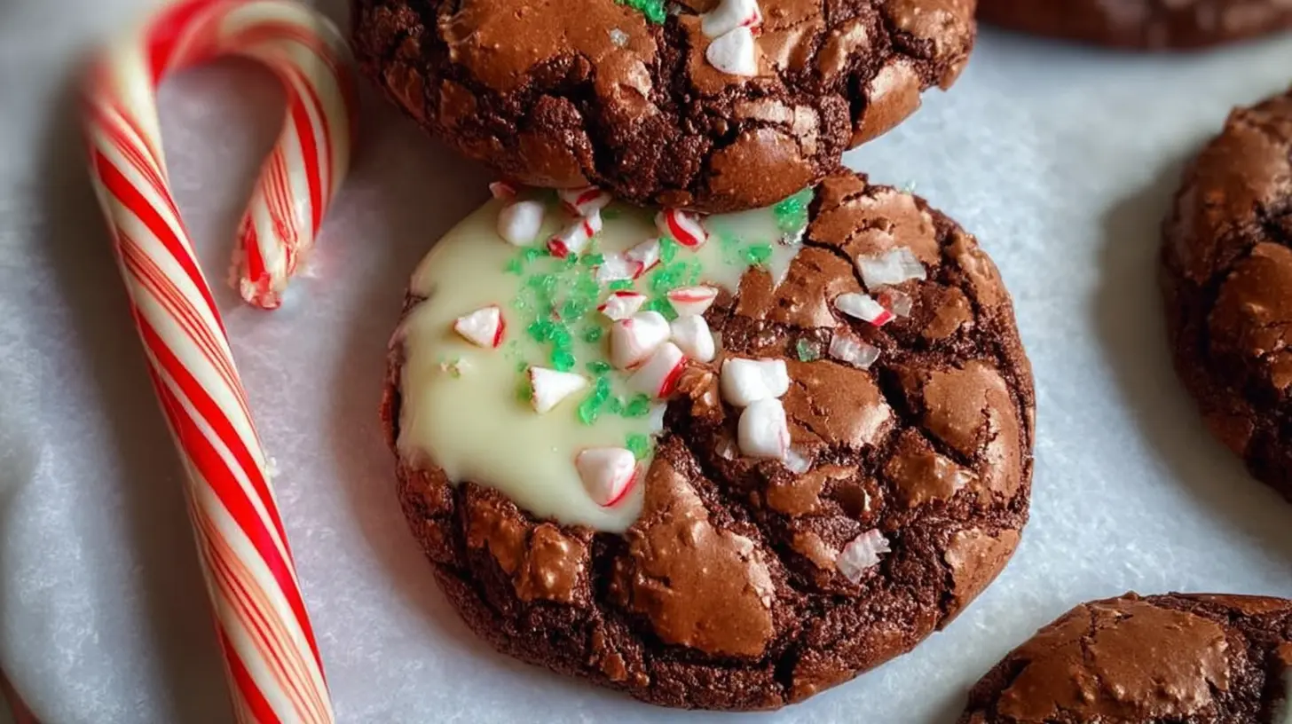 Several soft, chewy fudgy peppermint brownie cookies topped with crushed candy canes.