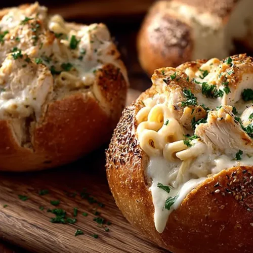 Delicious chicken alfredo served in garlic bread bowls
