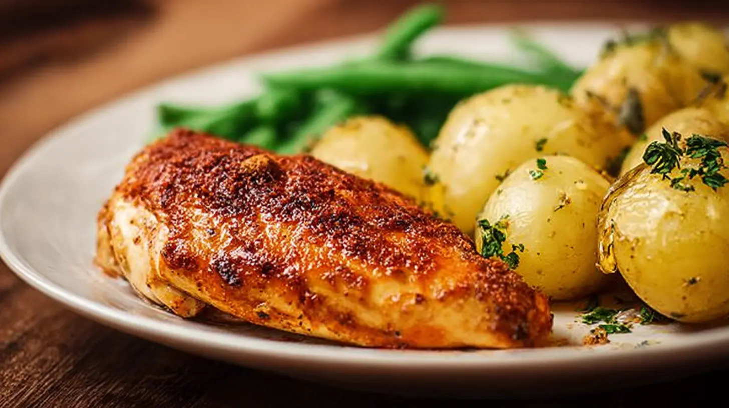 Parmesan crusted chicken and roasted vegetables cooking on a sheet pan