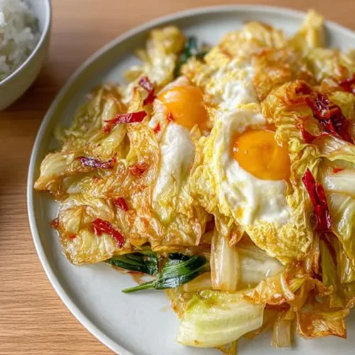 A vibrant bowl of chinese cabbage egg stir fry with visible egg pieces