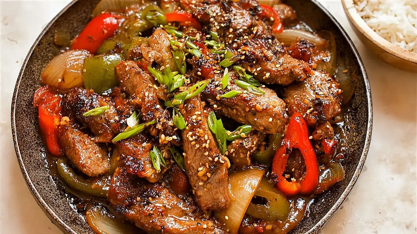 A steaming dish of Chinese pepper steak and onions, featuring thinly sliced beef.