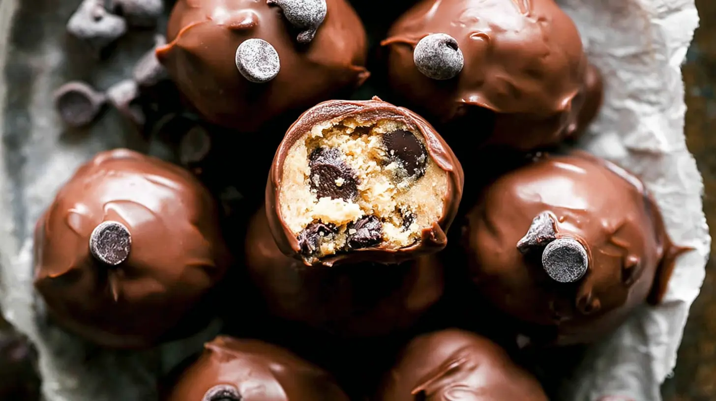 Several round chocolate chip cookie dough truffles neatly arranged on a white serving platter.