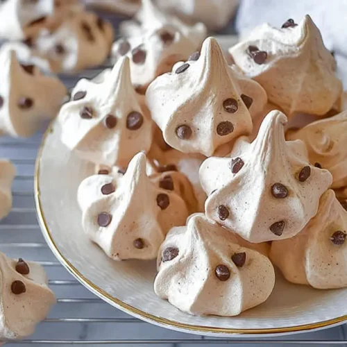 A close-up of a platter of fluffy chocolate meringue cookies with a slight sheen.