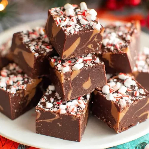 A delectable block of chocolate peppermint fudge, studded with peppermint pieces
