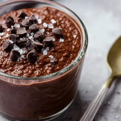 A serving of rich chocolate protein pudding in a glass.