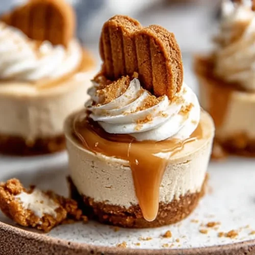 Several cookie butter cheesecake cups are arranged on a serving tray.