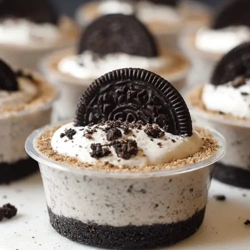 Four clear glass cups filled with Cookies and Cream Dessert Cups, layered with crumbled cookies and white cream.