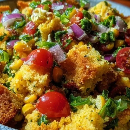 A vibrant cornbread salad featuring multiple layers of fresh ingredients