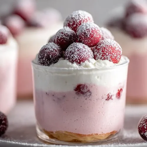 Individual cranberry mousse cups arranged artfully