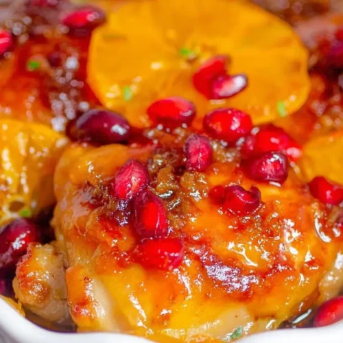 A plate featuring roasted cranberry orange chicken garnished with herbs.