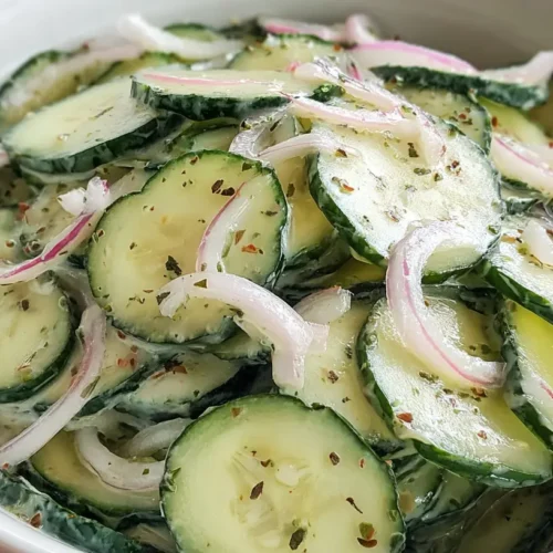 A bowl of creamy Asian cucumber salad garnished with sesame seeds.