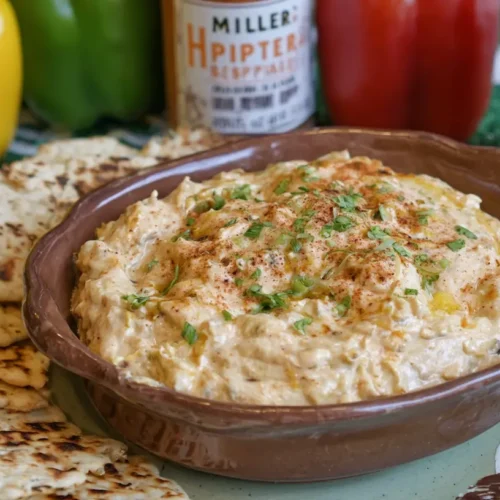 A serving of creamy banana pepper chicken dip in a rustic bowl, garnished with fresh herbs.