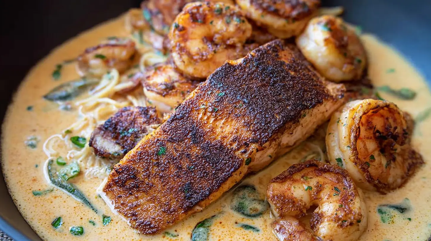 Delicious Cajun shrimp and salmon coated in a thick garlic cream sauce.