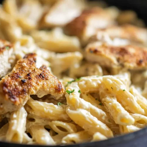 A serving of creamy garlic parmesan chicken pasta in a bowl.