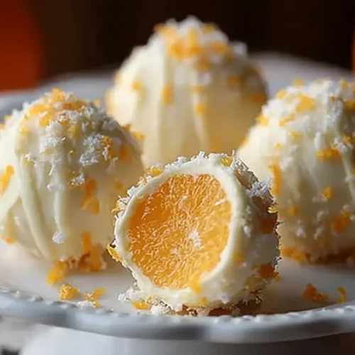 A close-up of creamy no-bake orange truffles dusted with cocoa powder.