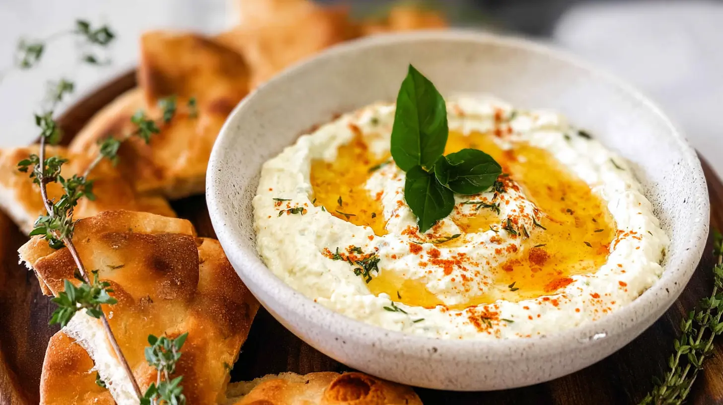 Close-up of a luscious ricotta dip enhanced with a spicy hot honey topping.