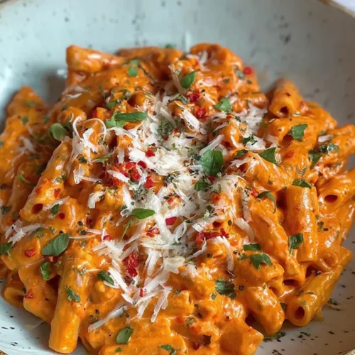 A serving of creamy tomato garlic pasta in a white bowl with fresh basil.