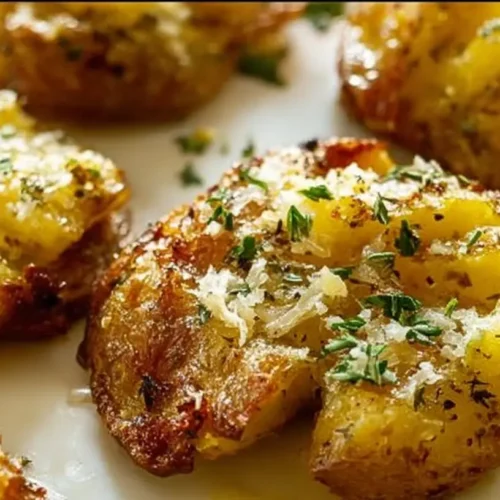 A close-up of crispy baked smashed potatoes, seasoned and golden brown