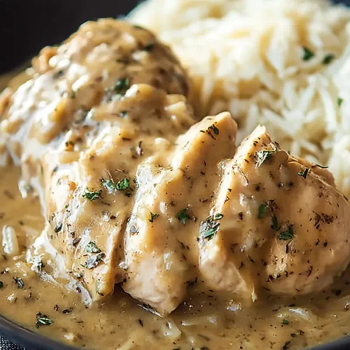 A serving of tender crockpot chicken & gravy presented attractively.