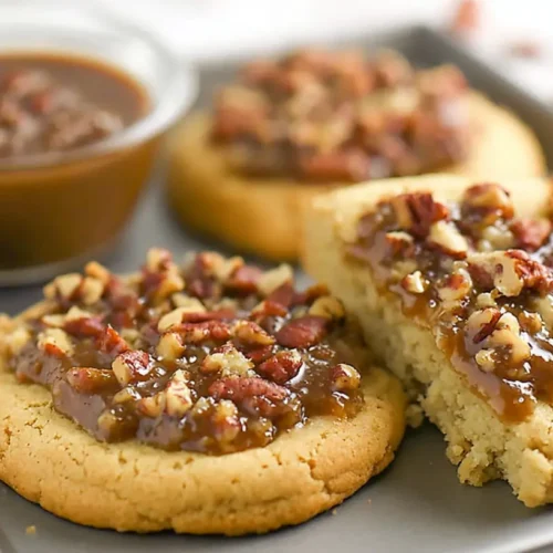 A close-up of delicious Crumbl Copycat Pecan Pie Cookies arranged neatly on a cooling rack.