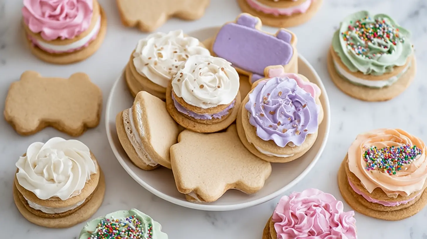 Assorted sugar cookies topped with creamy buttercream frosting