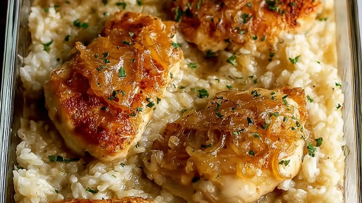 A steaming dish of Easy Forgotten Chicken and Rice with savory spices