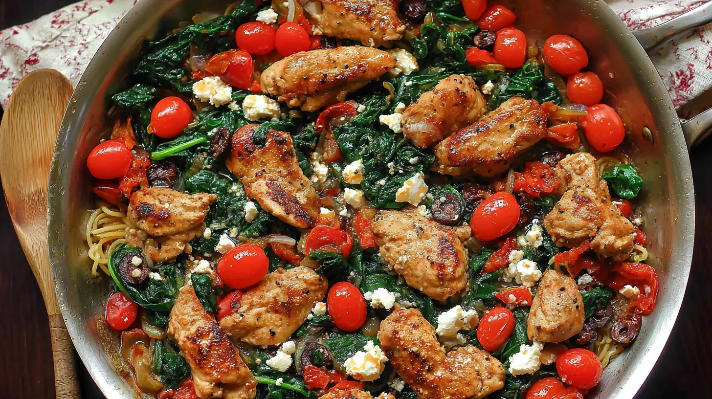 Delicious chicken stir fry with fresh Mediterranean vegetables.