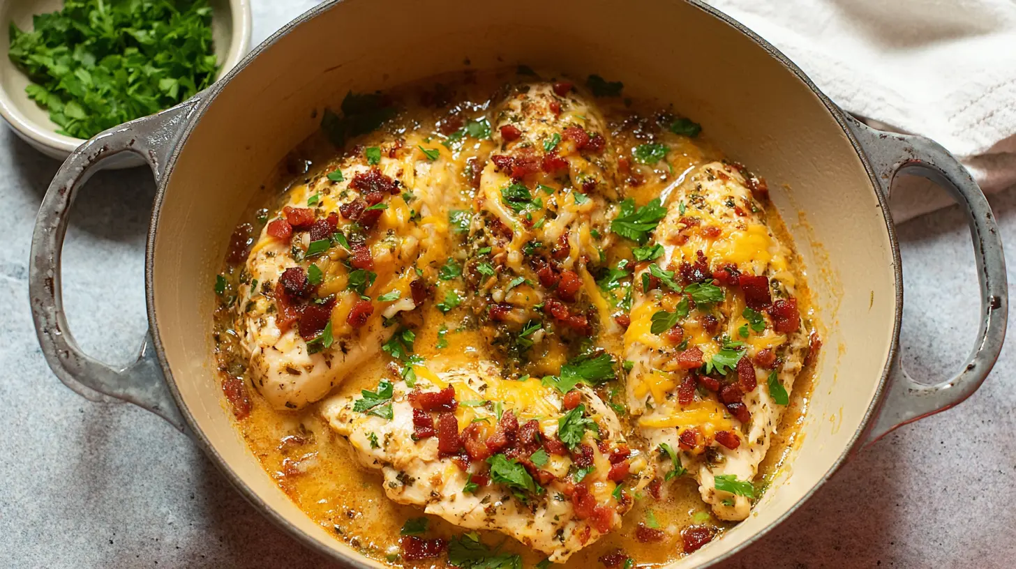 Cooked crack chicken in a serving dish.