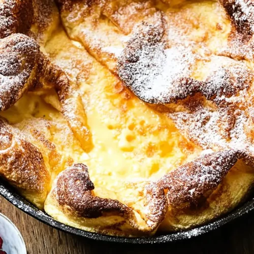 A fluffy, golden easy German pancake, fresh from the oven and dusted with powdered sugar.