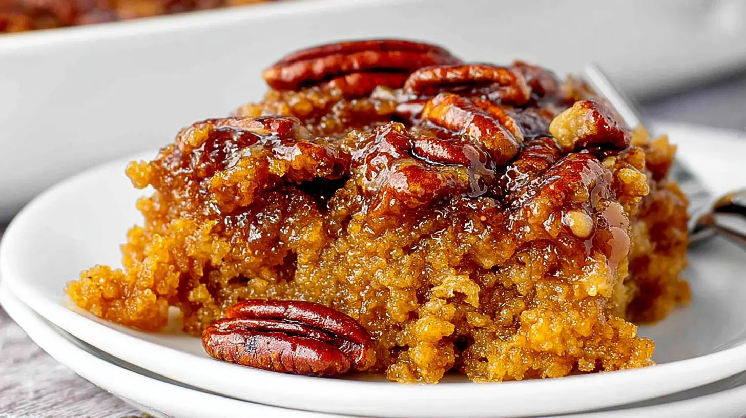 A freshly baked pecan pie dump cake in a baking dish, highlighting its crisp topping and rich texture.
